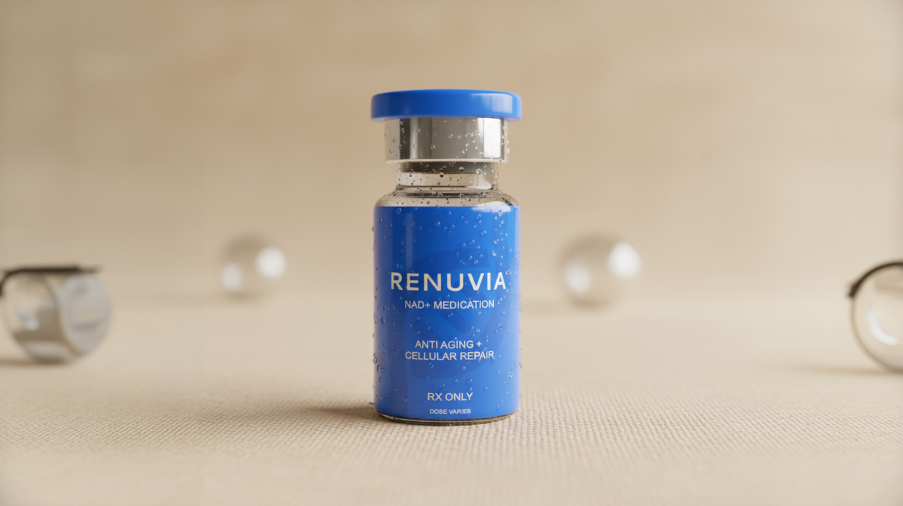 RenuviaRx NAD+ medication vial with blue label for anti-aging and cellular repair