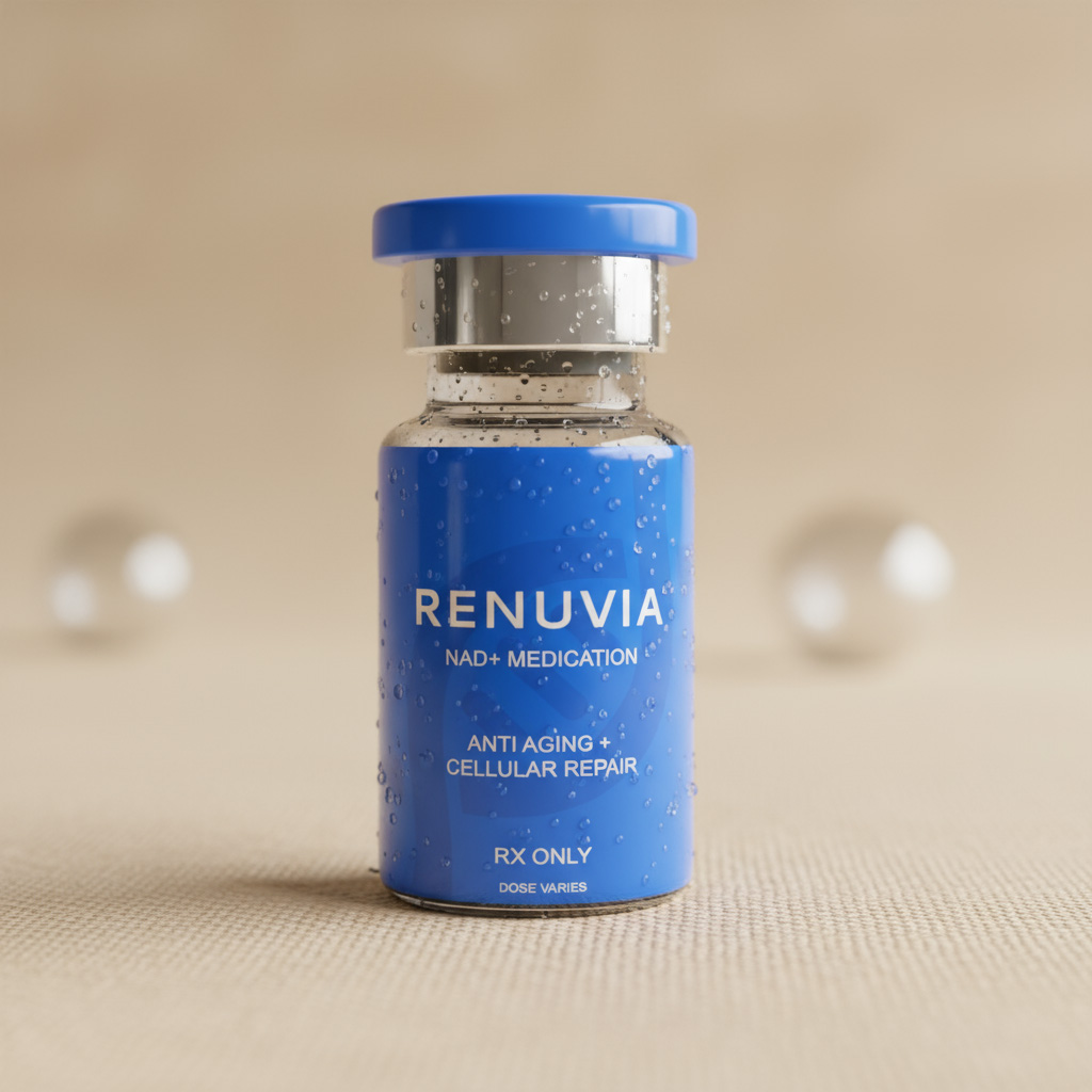 RenuviaRx NAD+ medication vial with blue label for anti-aging and cellular repair