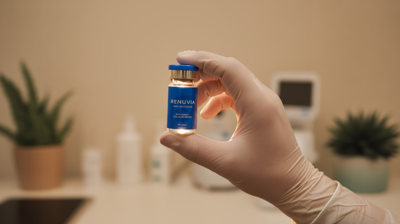 Healthcare professional holding RenuviaRx NAD+ medication vial