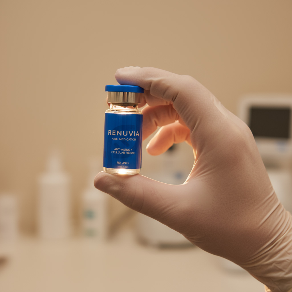 Healthcare professional holding RenuviaRx NAD+ medication vial